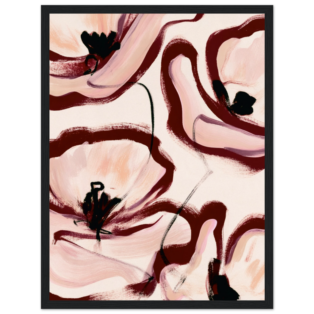 Grande peinture fleurs abstraites rose poudré bordeaux dans un intérieur, affiche encadrée – ADR Gallery