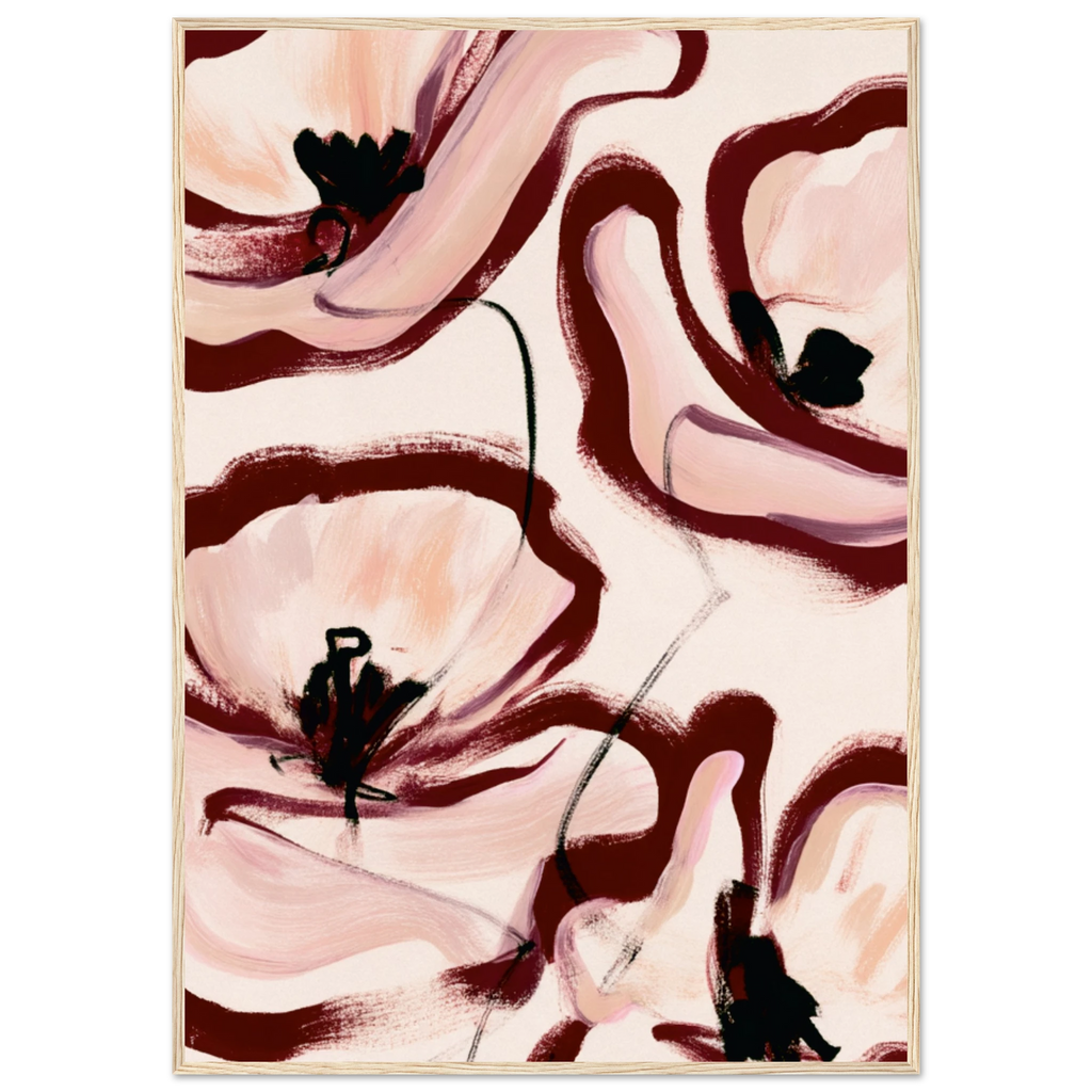 Grande peinture fleurs abstraites rose poudré bordeaux, affiche d’art encadrée – ADR Gallery