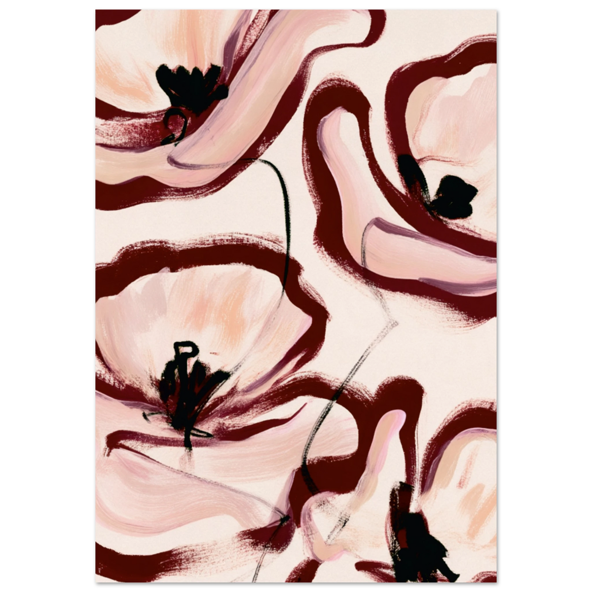 Grande peinture fleurs abstraites rose poudré bordeaux, affiche d’art – ADR Gallery