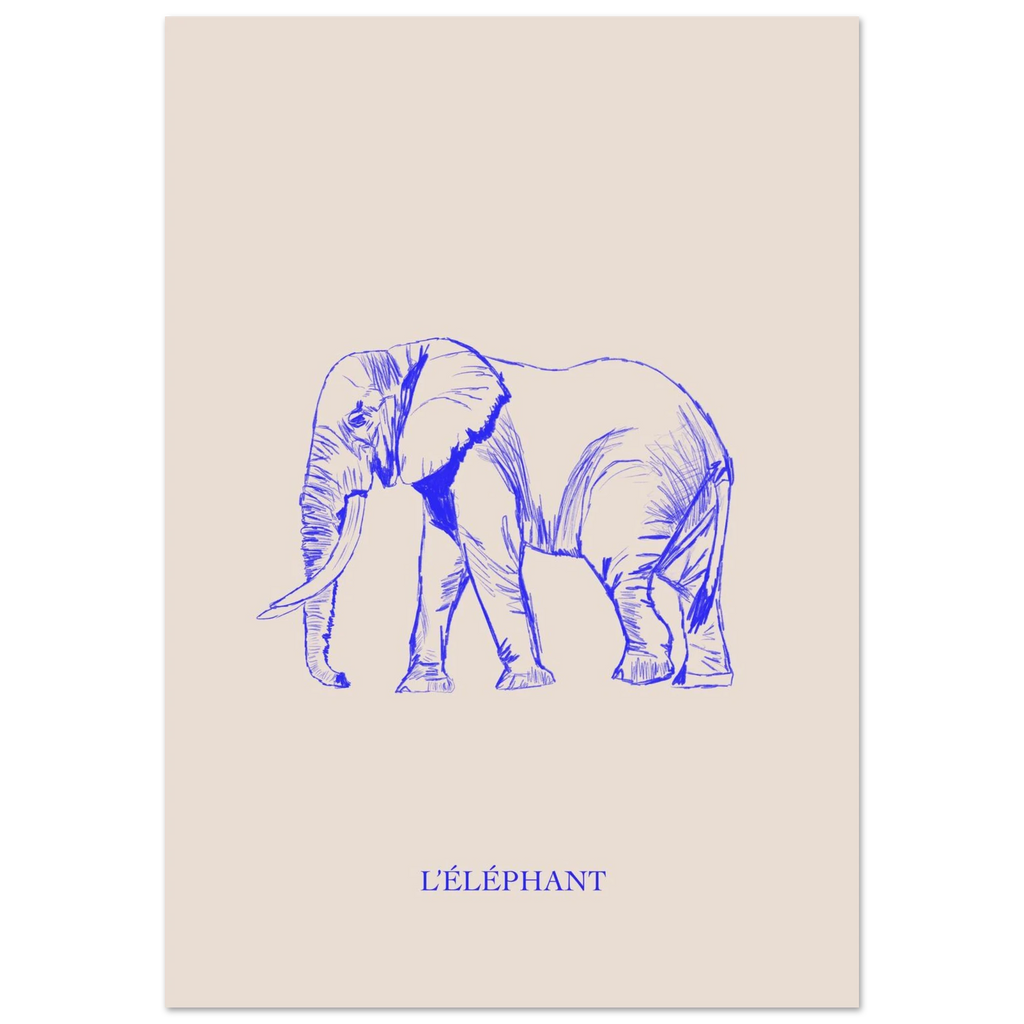 L'éléphant, version bleu électrique, affiche illustrée au crayon par Aude de Riberolles – visuel 2