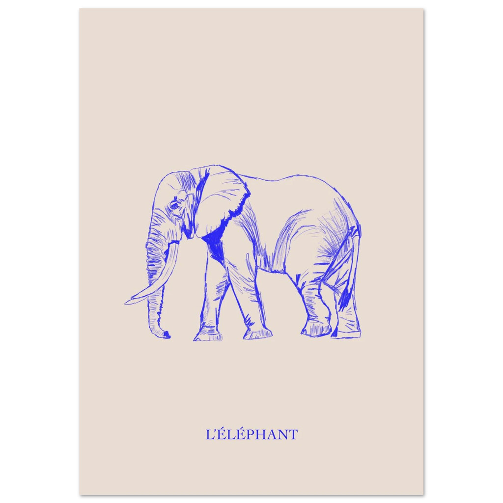 L'éléphant, version bleu électrique, affiche illustrée au crayon par Aude de Riberolles – visuel 3