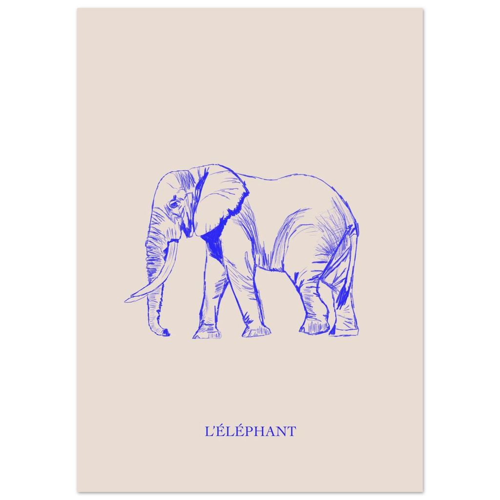 L'éléphant, version bleu électrique, affiche illustrée au crayon par Aude de Riberolles – visuel 4
