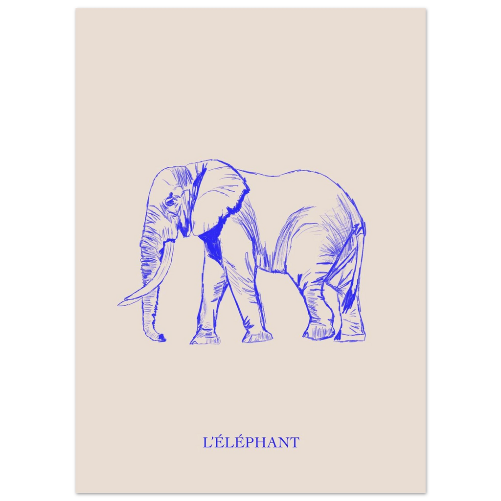 L'éléphant, version bleu électrique, affiche illustrée au crayon par Aude de Riberolles – visuel 7