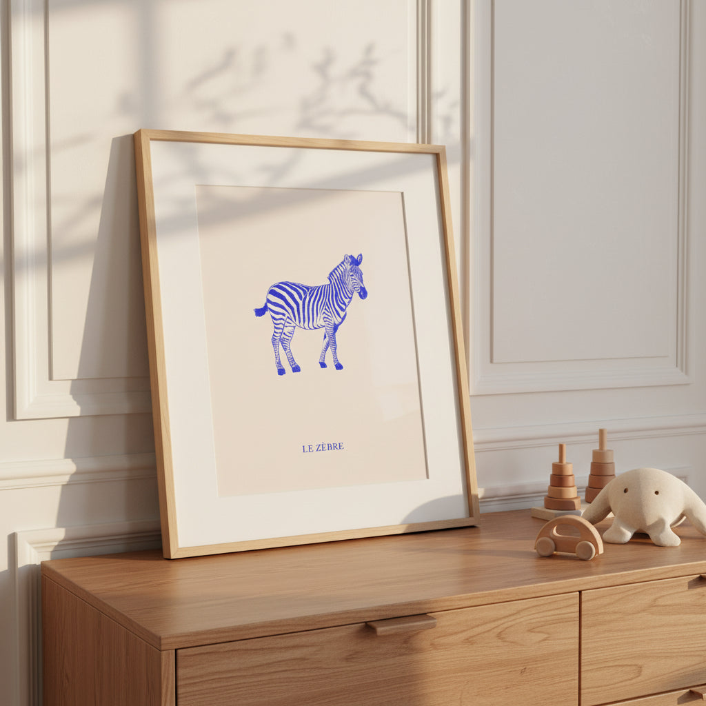 Le zèbre, version bleu électrique, illustration au crayon d'Aude de Riberolles – affiche pour chambre d'enfant