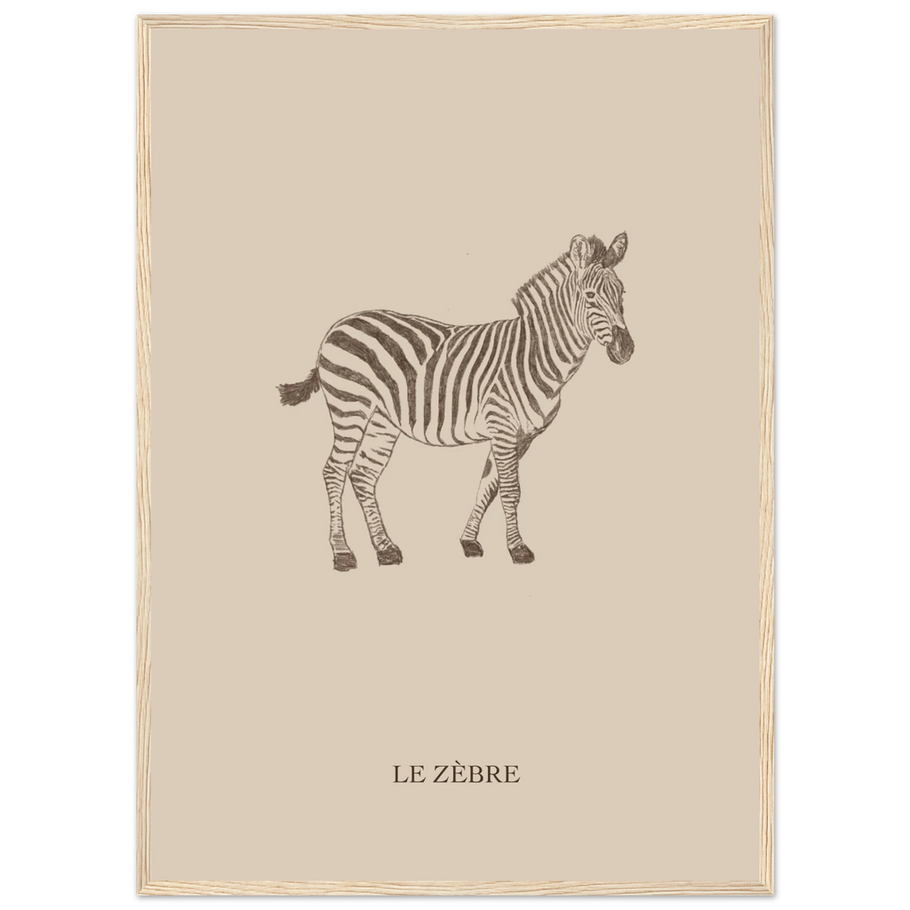 Le zèbre version marron, illustration au crayon d'Aude de Riberolles – affiche encadrée pour chambre d'enfant