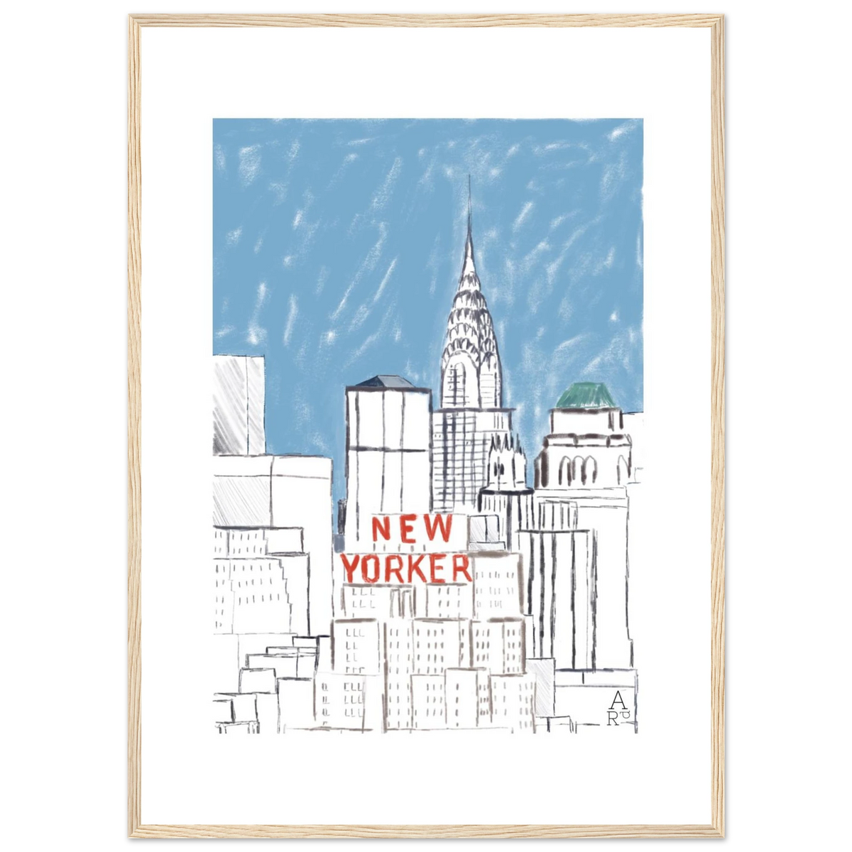 New Yorker building, affiche encadrée d'Aude de Riberolles, best-seller ADR Gallery