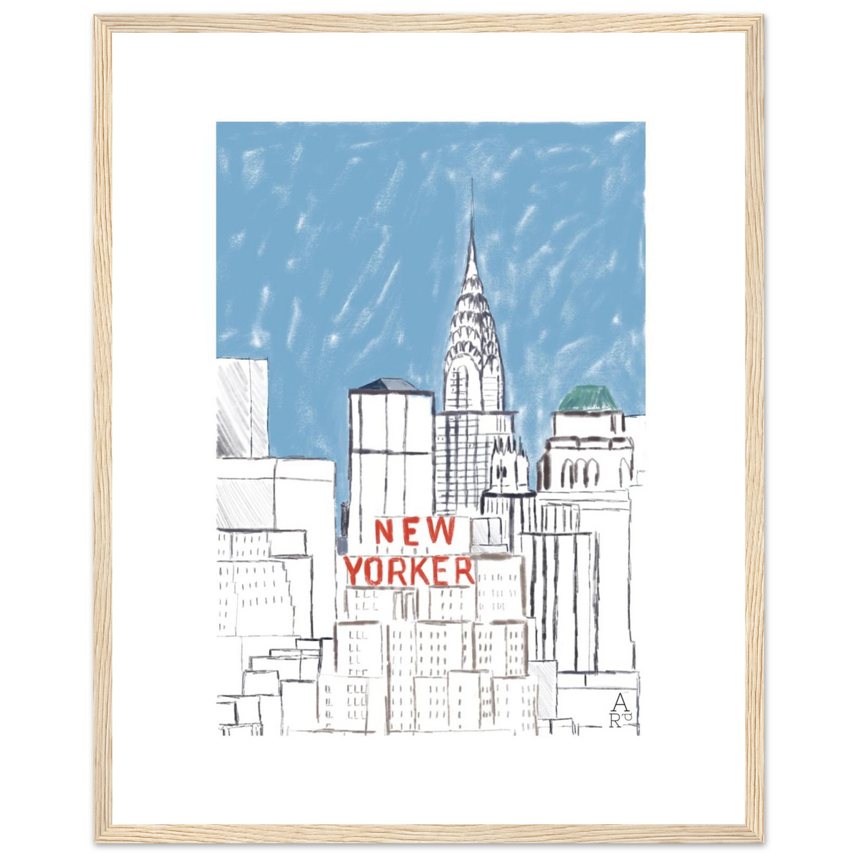 New Yorker building encadré en décoration murale, gratte-ciel et lettrage rouge – Aude de Riberolles