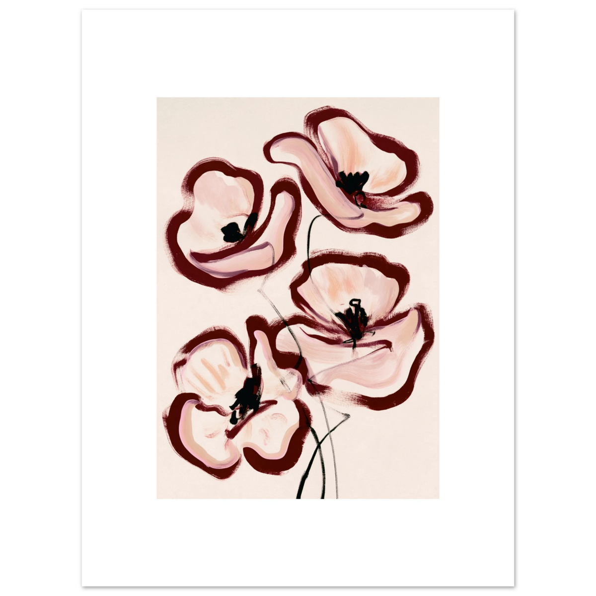 Peinture fleurs abstraites rose poudré bordeaux au mur, affiche – ADR Gallery