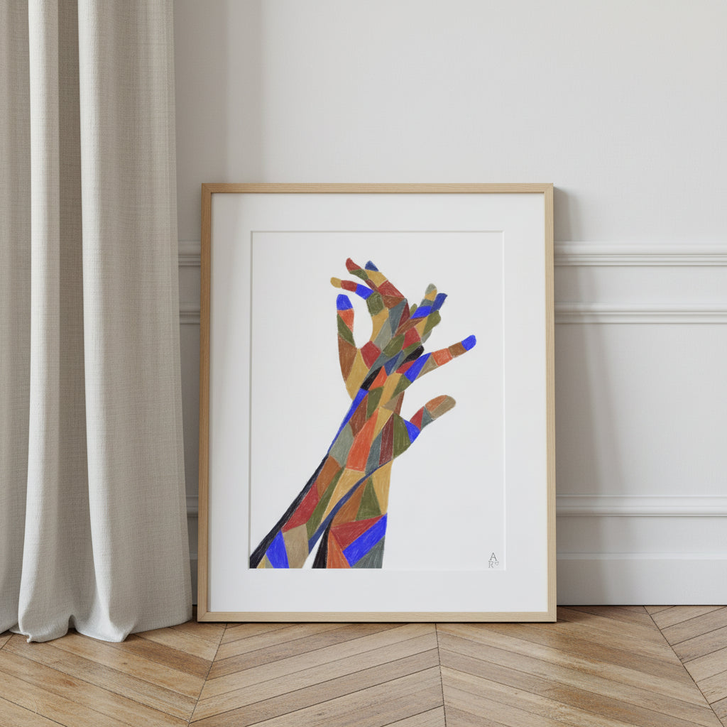 The Hands Patchwork N°1, mains en formes géométriques colorées à la craie d'art – affiche d'Aude de Riberolles