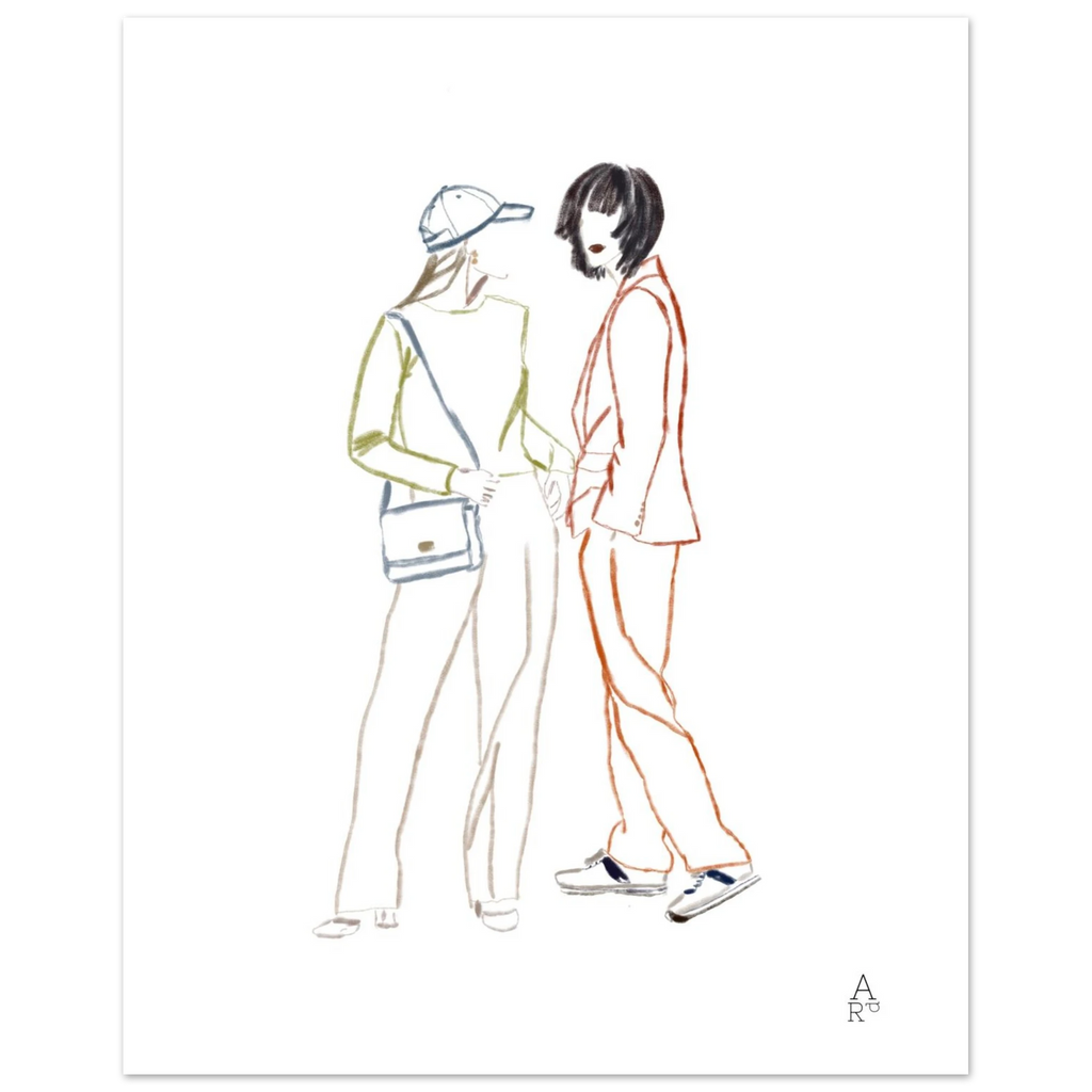 Two girls in NY, œuvre originale à la craie d'art par Aude de Riberolles – affiche d'art