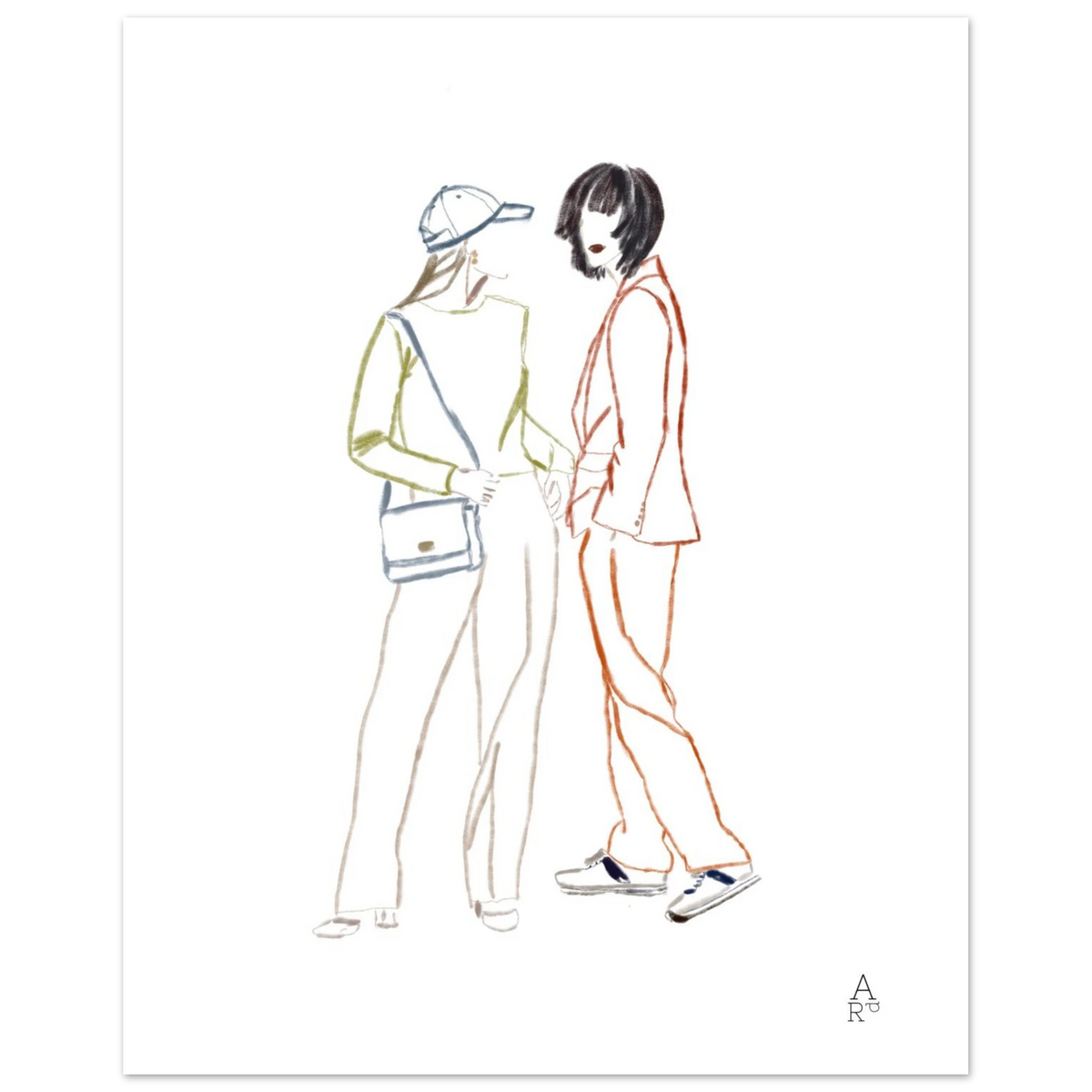 Two girls in NY, œuvre originale à la craie d'art par Aude de Riberolles – affiche d'art