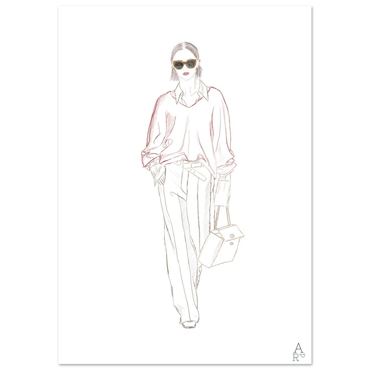 Woman walking N°1 dans un intérieur, affiche mode au crayon signée Aude de Riberolles