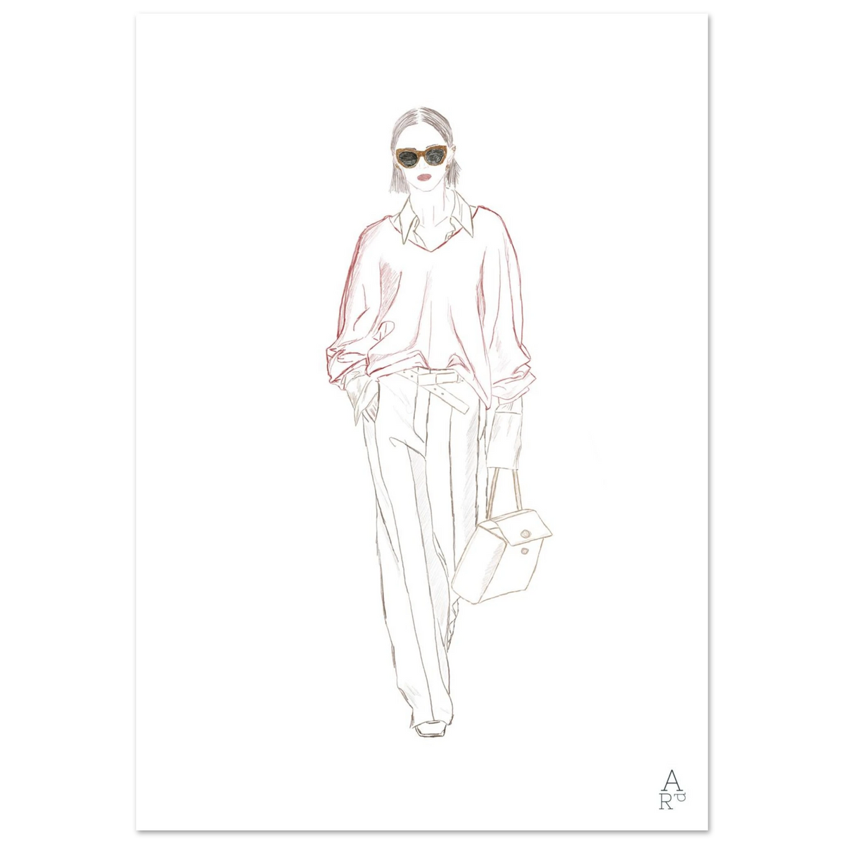 Woman walking N°1, illustration de mode au trait fin – affiche d'Aude de Riberolles